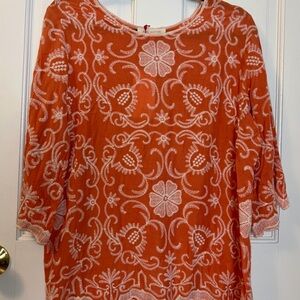 NWT Solitaire Orange and White Embroidered Rayon 3/4 Sleeve Boho Tunic Top, M